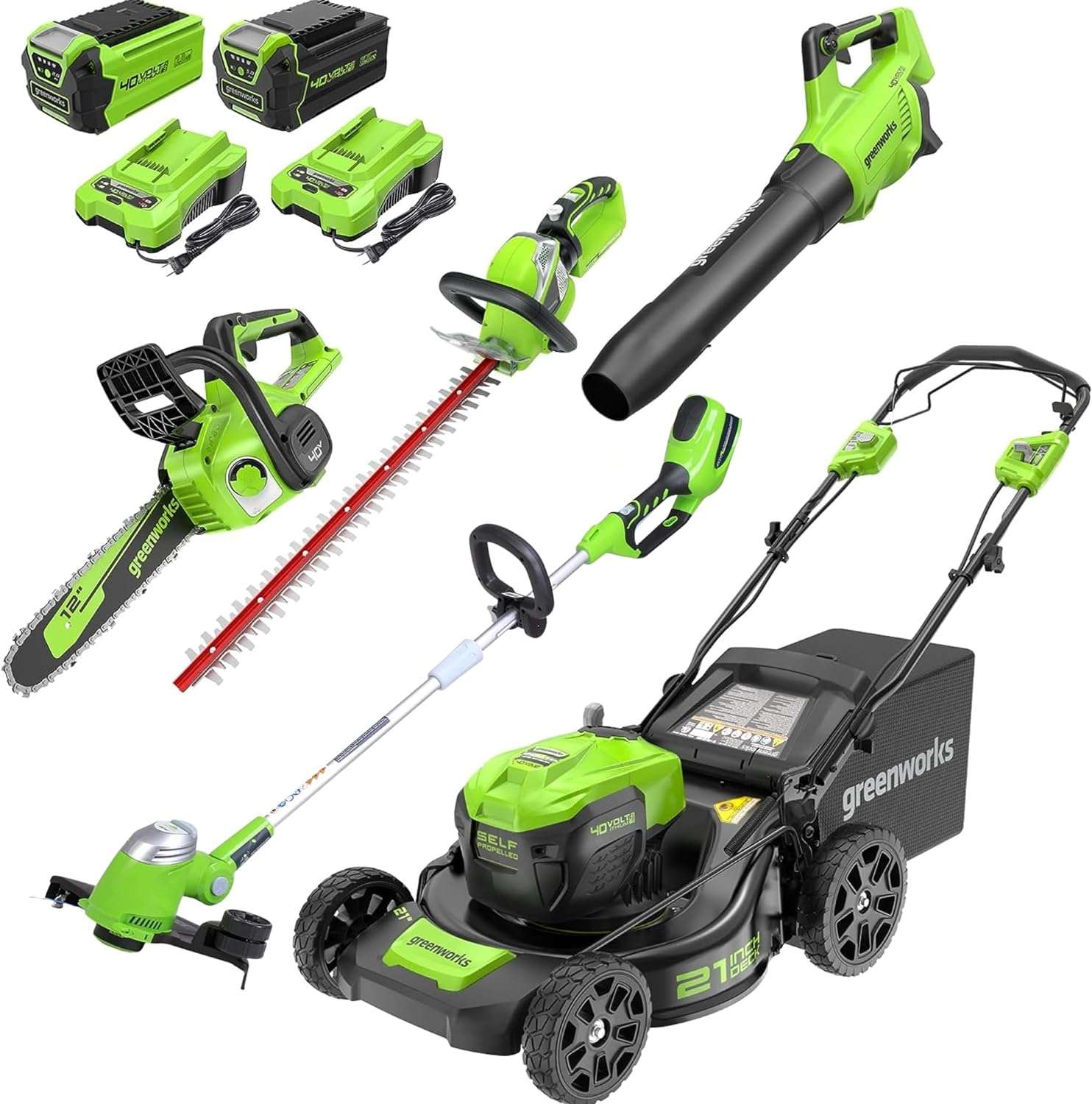 Greenworks 40V 21 Cordless Self-Propelled Lawn Mower, Axial Leaf Blower,13 String Trimmer,Cordless Hedge Trimmer - 1