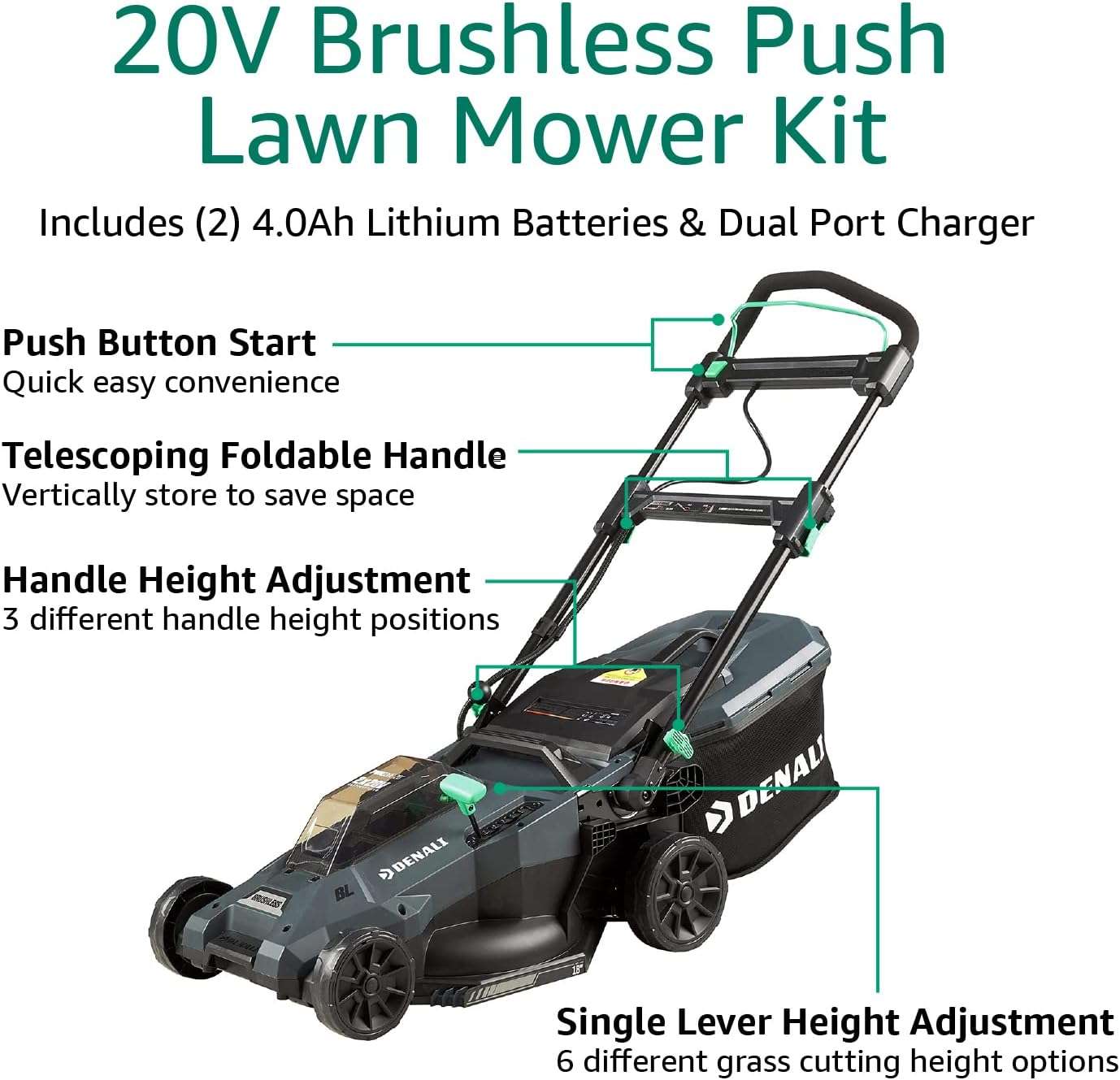 Amazon Brand - Denali by SKIL 2 x 20V (40V) Brushless 18-Inch Push Lawn Mower Kit, Includes Two 4.0 Ah Lithium Batteries & Dual Port Charger - 4