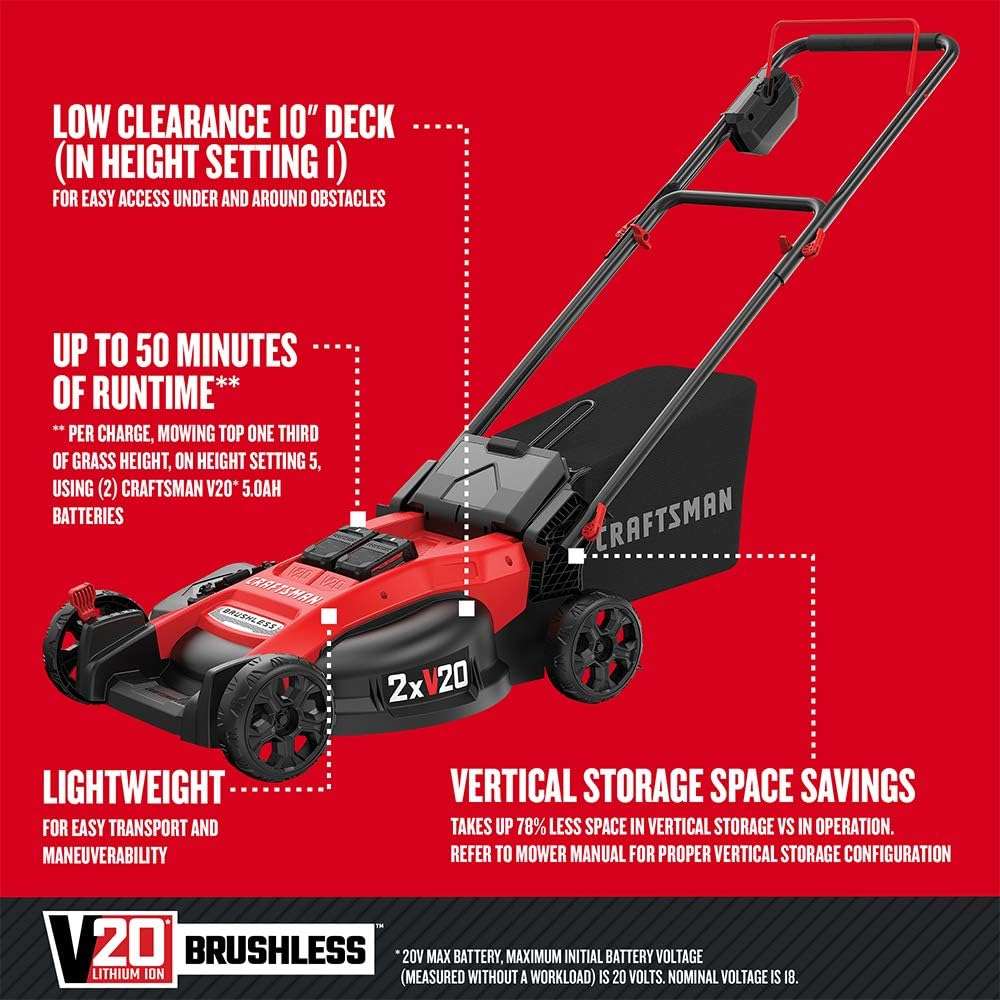CRAFTSMAN V20 Lawn Mower, Push Mower, Lightweight and Portable, Grass Bag, Battery and Charger Included (CMCMW220P2) - 2