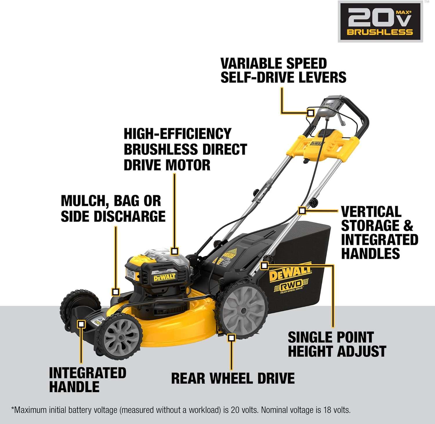 DEWALT 20V MAX Lawn Mower, Cordless, Rear Wheel Drive, Self-Propelled with Batteries & Charger (DCMWSP255Y2) - 3