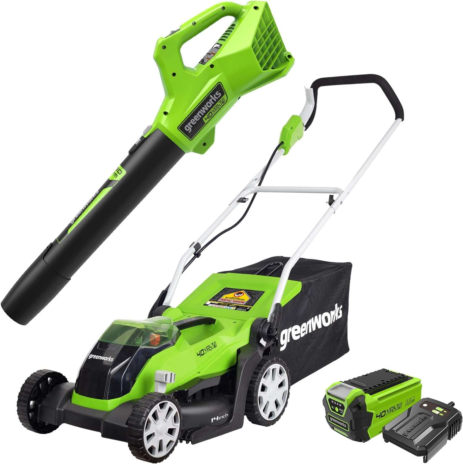 Greenworks 40V 14-Inch Cordless Lawn Mower - Axial Blower Combo Kit, 4.0Ah USB Battery (USB Hub) and Charger, CK40B410 - 1