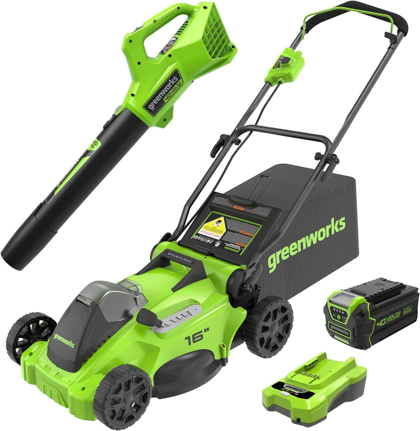 Greenworks 40V 16 Brushless Cordless (Push) Lawn Mower + Blower (350 CFM), 4.0Ah Battery and Charger Included (75+ Compatible Tools) - 1
