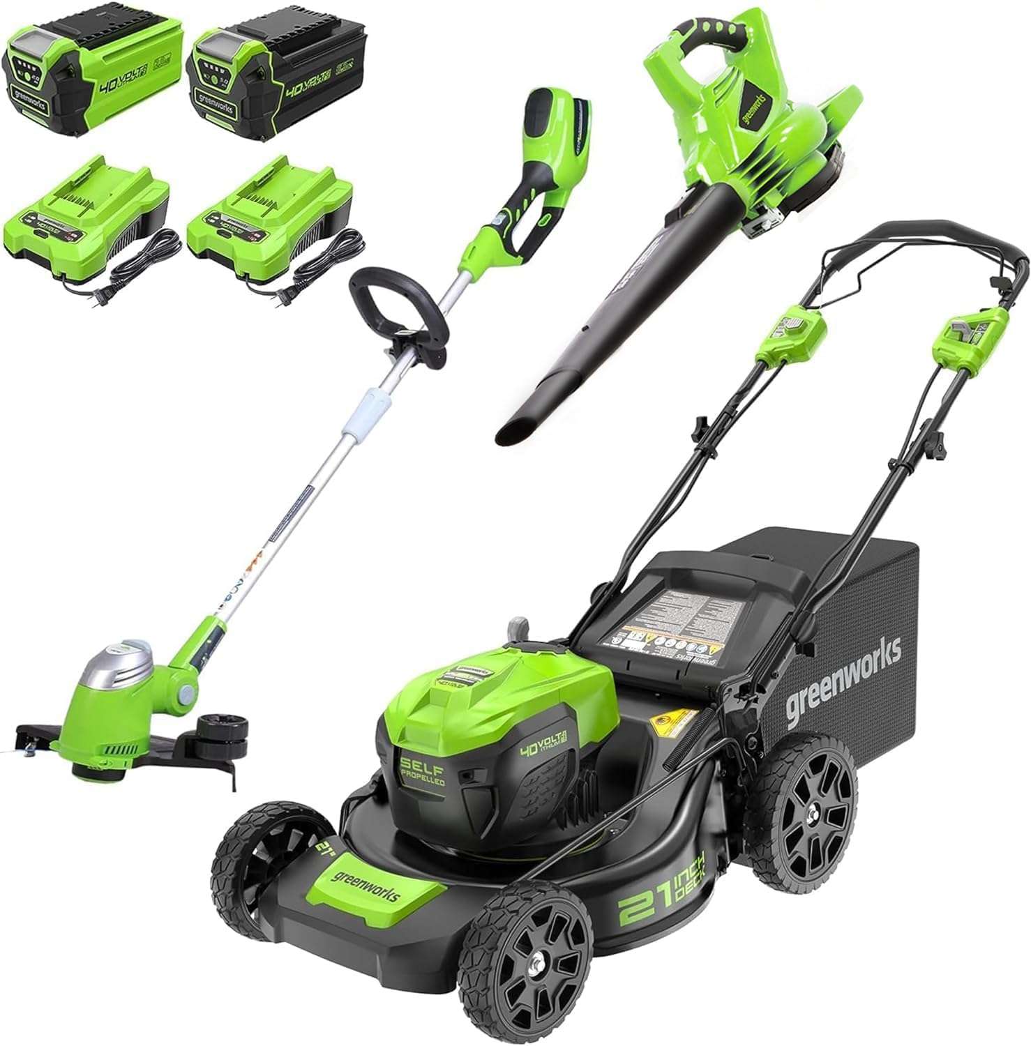 Greenworks 40V 21 Cordless Self-Propelled Lawn Mower,Leaf Blower-Vac,13 String Trimmer,Combo Kit w- (1) 5Ah (1)2AH Battery, (2) 2A Chargers - 1