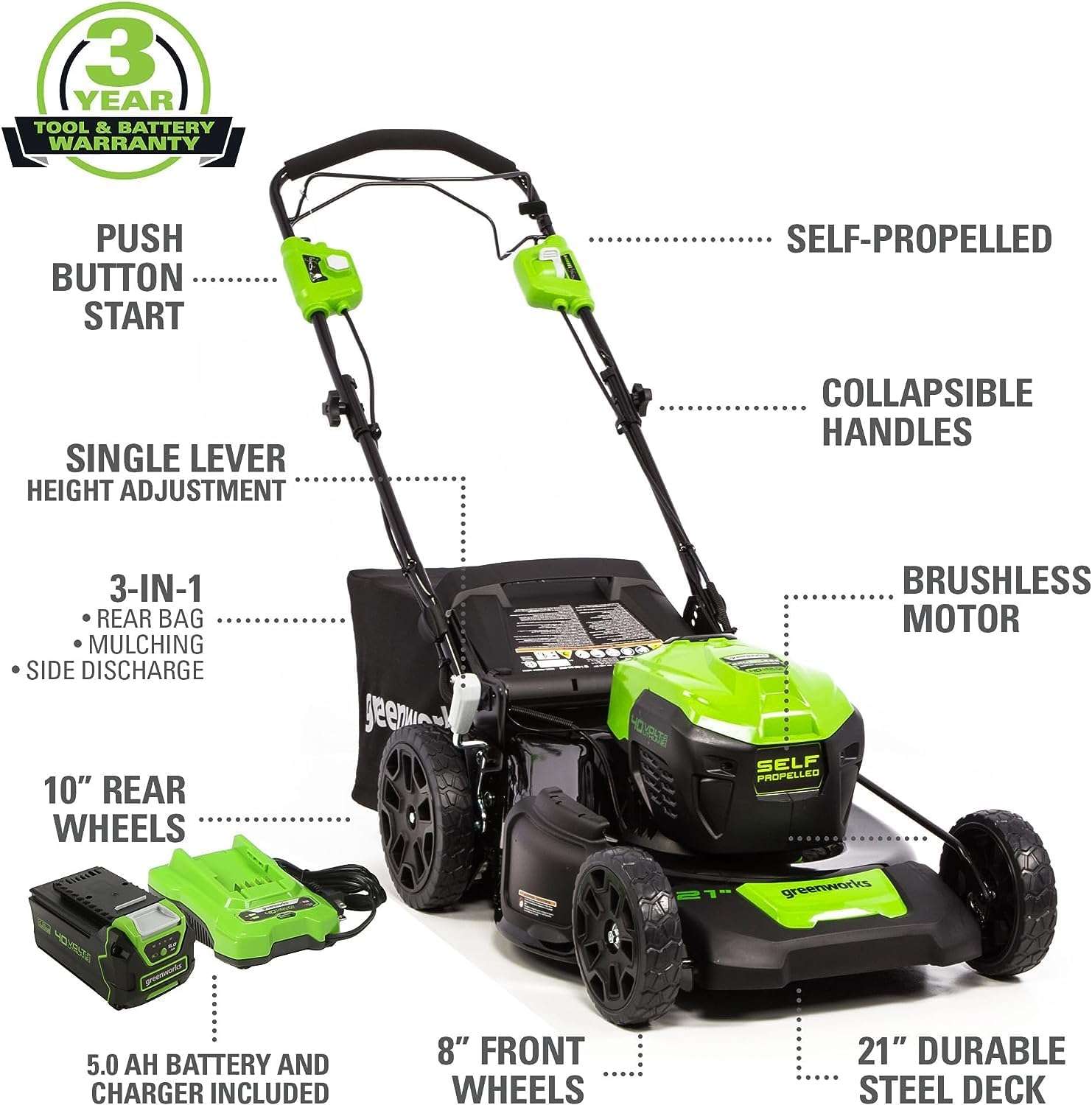 Greenworks 40V 21 Cordless Self-Propelled Lawn Mower,Leaf Blower-Vac,13 String Trimmer,Combo Kit w- (1) 5Ah (1)2AH Battery, (2) 2A Chargers - 2