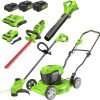 Greenworks 48V (2x24V) 19 Brushless Push Lawn Mower,2.0Ah Axial Blower (90 MPH-320)，10 String Trimmer，22 Rotating Handle Hedge Trimmer - 1
