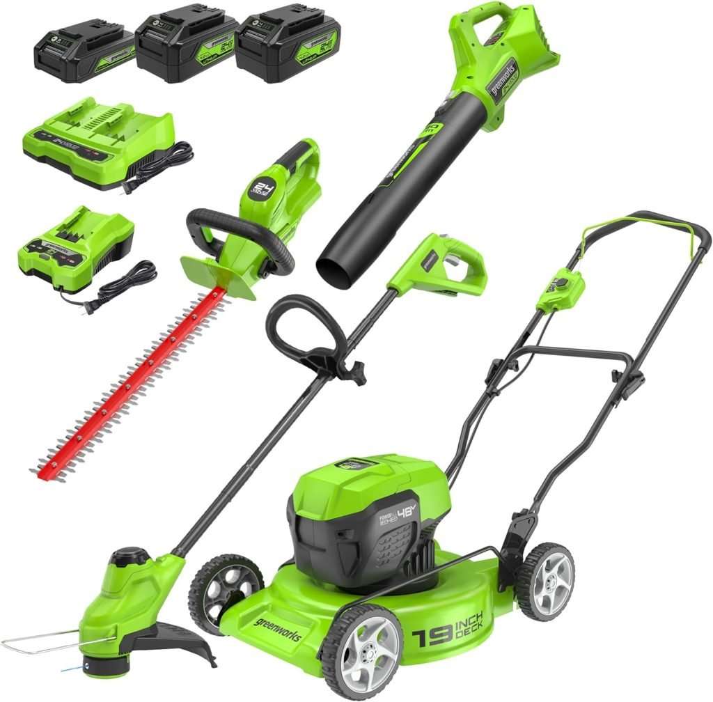 Greenworks 48V (2x24V) 19"Brushless Push Lawn Mower,2.0Ah Axial Blower (90 MPH/320)，10"String Trimmer，22"Rotating Handle Hedge Trimmer，Combo Kit w/ (2) 4.0Ah Batteries, (1) 2.0Ah Battery & (2)Chargers