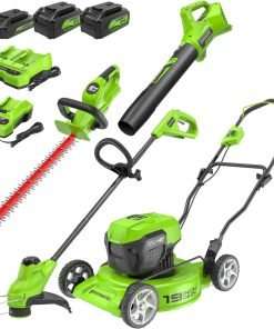 Greenworks 48V (2x24V) 19 Brushless Push Lawn Mower,2.0Ah Axial Blower (90 MPH-320)，10 String Trimmer，22 Rotating Handle Hedge Trimmer - 1
