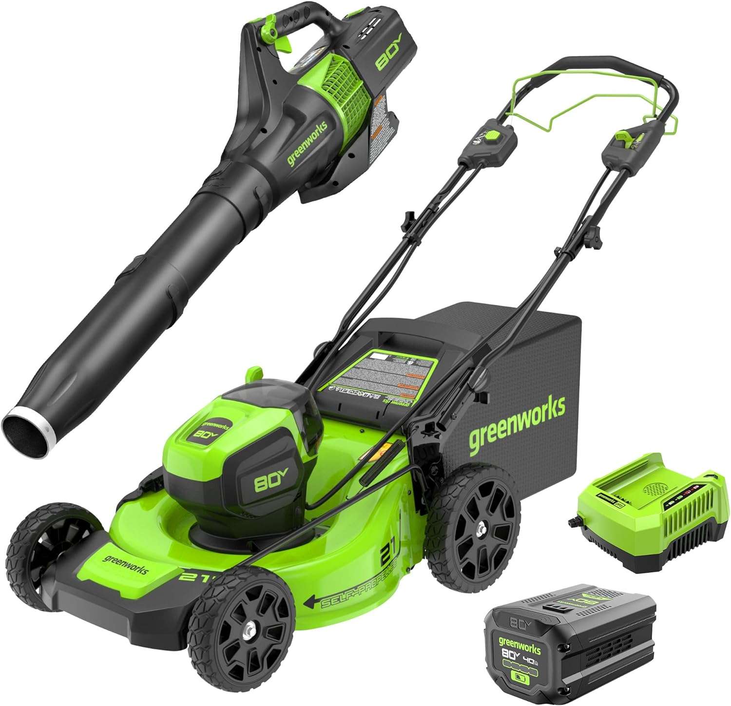 Greenworks 80V 21” Brushless (Self-Propelled) Cordless Electric Lawn Mower + (580 CFM) Axial Leaf Blower (75+ Compatible Tools), 4.0Ah Battery - 1