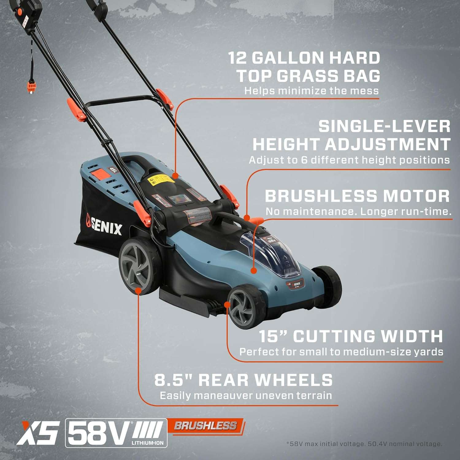 SENIX LPPX5-L X5 58V Max 15-Inch Electric Lawn Mower with Brushless Motor, 6-Position Height Adjustment, Includes 12-Gallon Bagger - 2