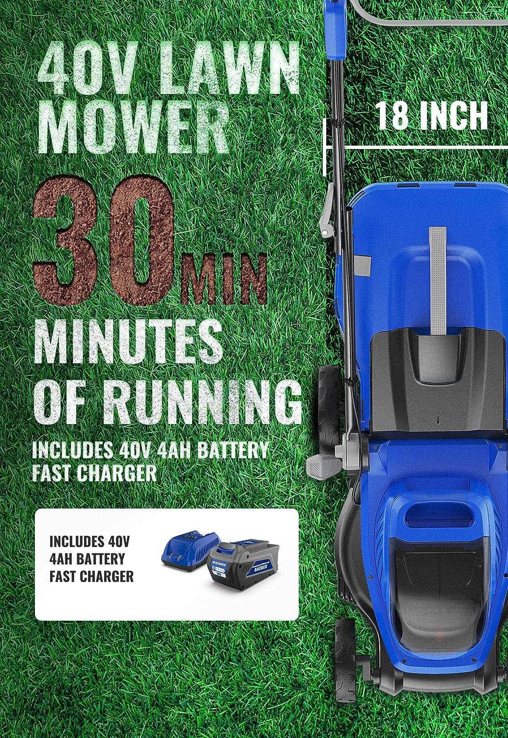 WILD BADGER POWER Lawn Mower 40V Brushless 18 Cordless, 5 Cutting Height Adjustments Electric Lawn Mower, Quickly Folding Within 5’s, 4.0AH Battery - 2