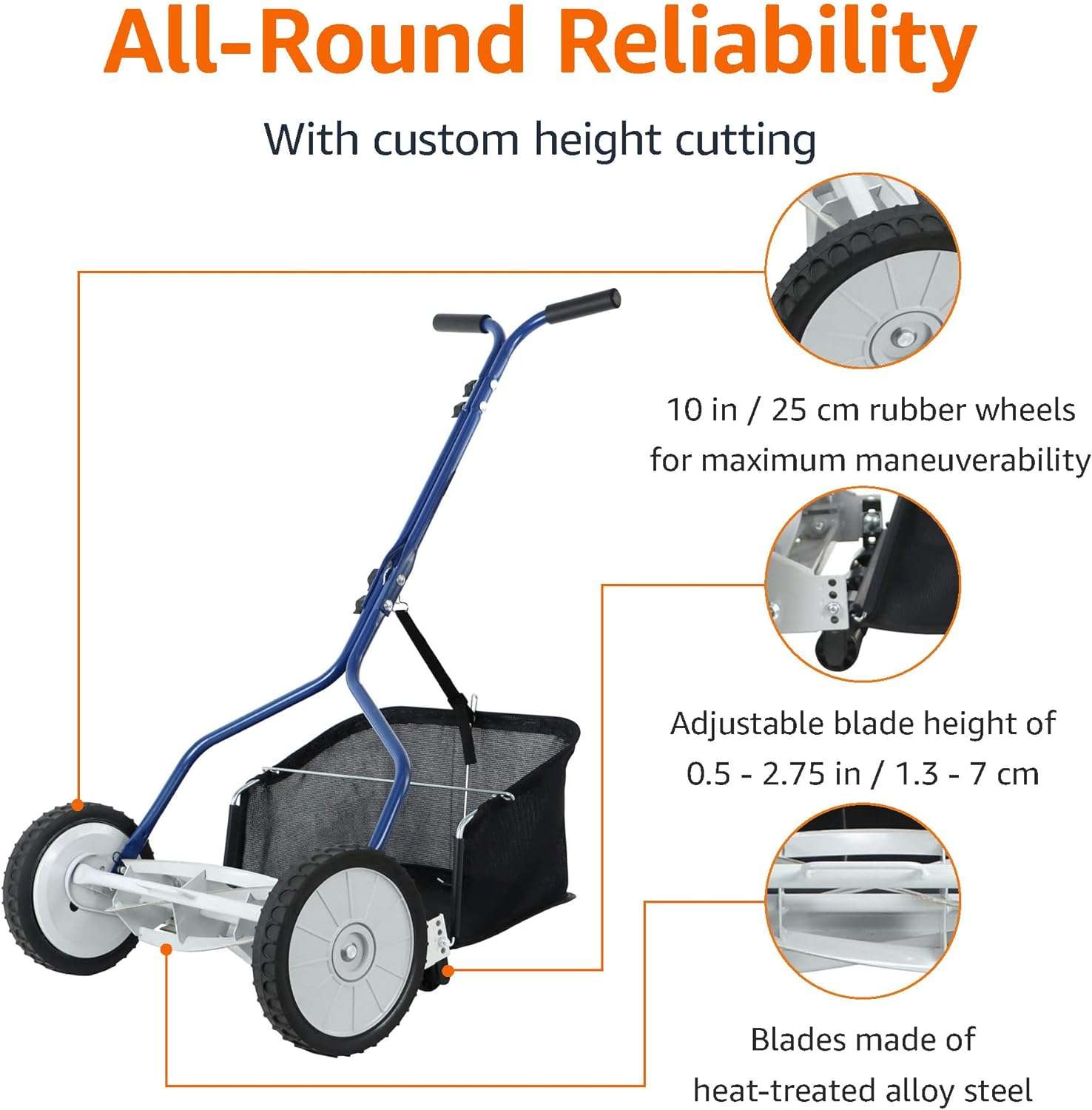 Amazon Basics 18-Inch 5-Blade Push Reel Lawn Mower with Grass Catcher, Blue - 3