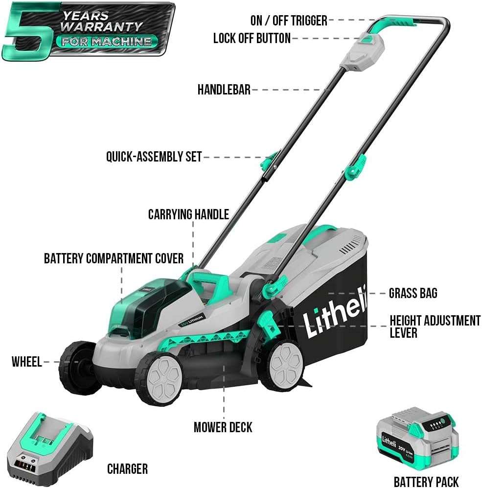 Litheli Cordless Lawn Mower 13 Inch, 5 Heights, 20V Electric Lawn Mowers for Garden, Yard and Farm, with Brushless Motor, 4.0Ah Battery & Charger Included - 6