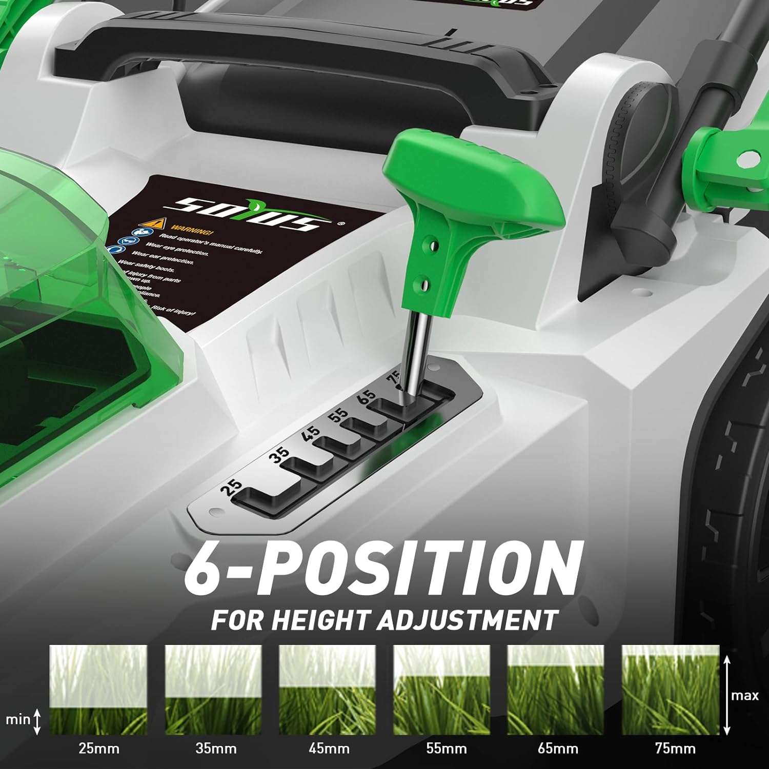 SOYUS Electric Lawn Mower Cordless, 40V 15 Inch Battery Powered Push Lawn Mower with Brushless Motor, 6-Postion Height Adjustment, 2x4.0Ah Batteries & Charger Included - 4