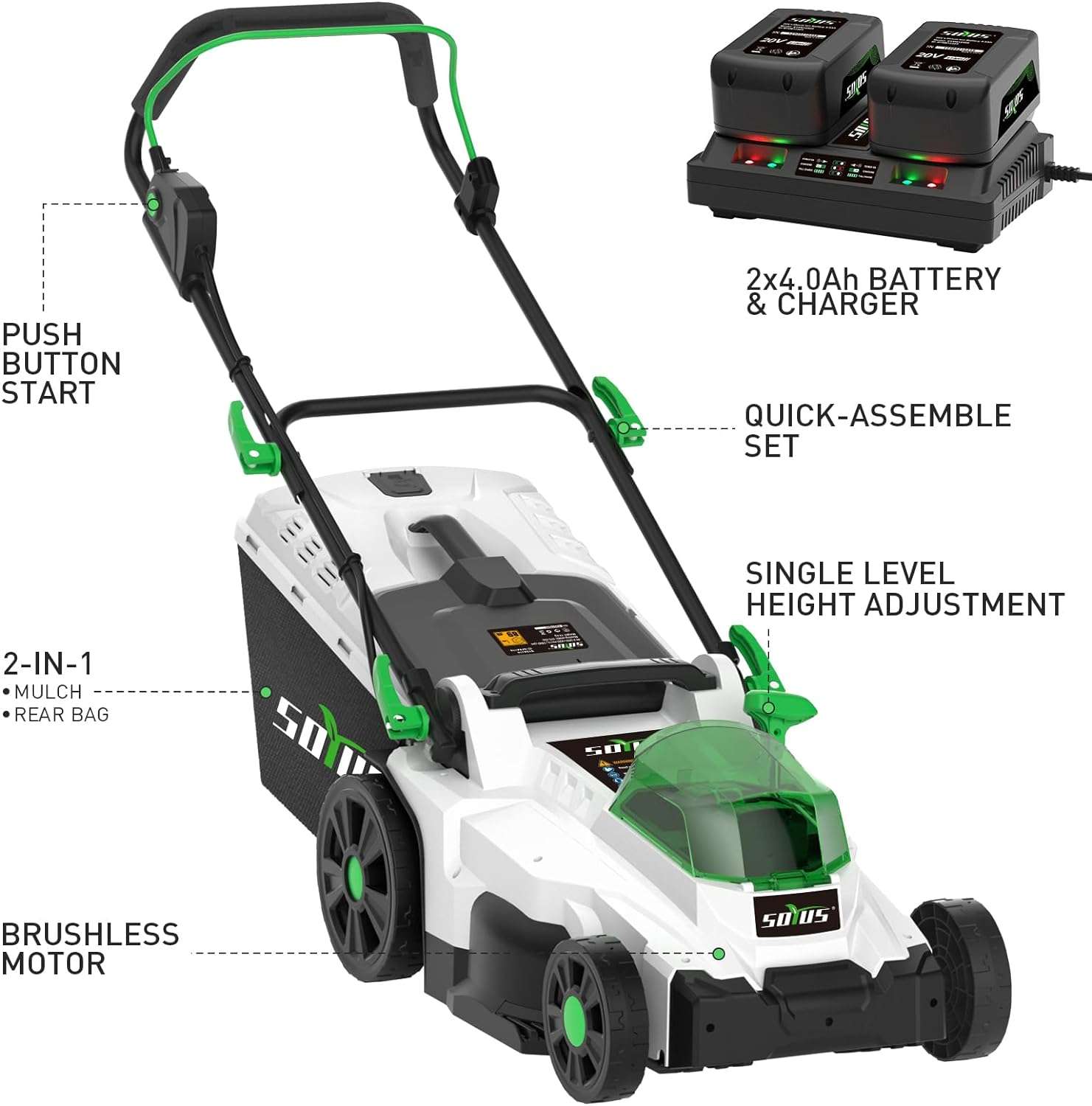SOYUS Electric Lawn Mower Cordless, 40V 15 Inch Battery Powered Push Lawn Mower with Brushless Motor, 6-Postion Height Adjustment, 2x4.0Ah Batteries & Charger Included - 7