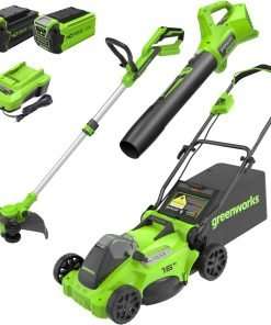 Greenworks 40V 16 Brushless Cordless (Push) Lawn Mower + Blower (350 CFM) + 13 String Trimmer (Bonus Spools), 4.0Ah + 2.0Ah Battery and Charger Included - 1