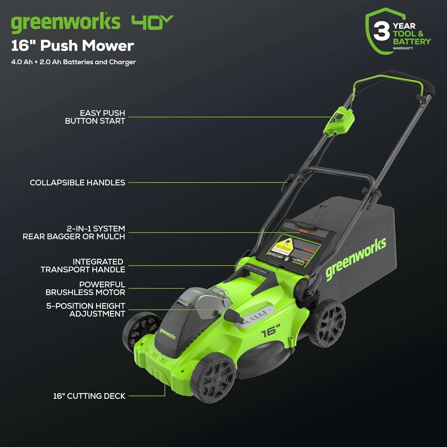 Greenworks 40V 16 Brushless Cordless (Push) Lawn Mower + Blower (350 CFM) + 13 String Trimmer (Bonus Spools), 4.0Ah + 2.0Ah Battery and Charger Included - 2