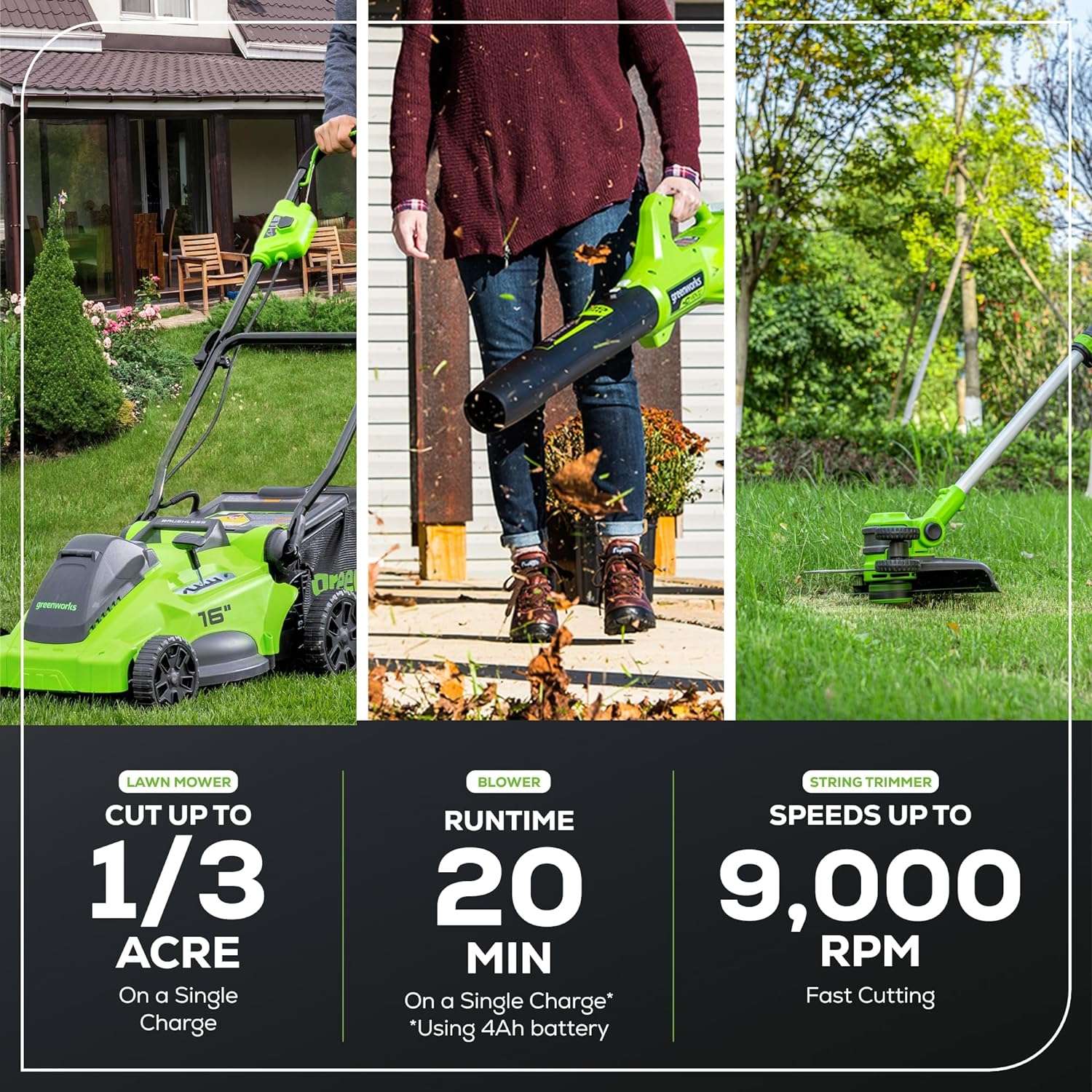 Greenworks 40V 16 Brushless Cordless (Push) Lawn Mower + Blower (350 CFM) + 13 String Trimmer (Bonus Spools), 4.0Ah + 2.0Ah Battery and Charger Included - 5