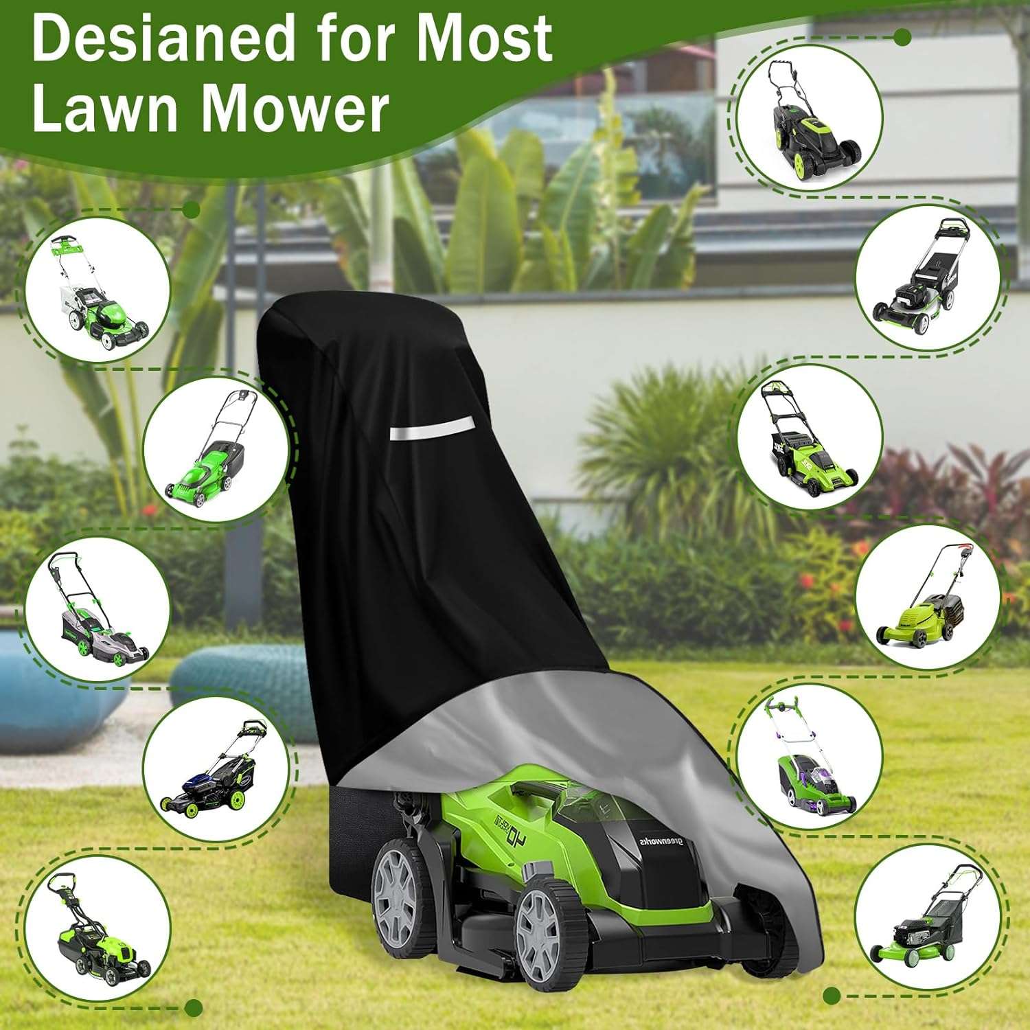 Outdoor Lawn Mower Cover - Waterproof Heavy Duty 420D Lawn Mower Covers Polyester Oxford UV Dust Protection Universal Fit Push Mower with Drawstring & Cover Storage Bag - 4