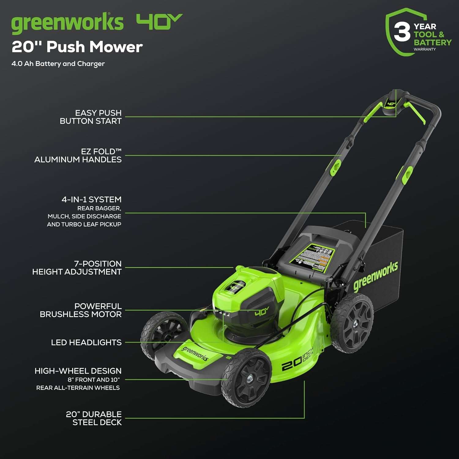 Greenworks 40V 20 Brushless Push Mower, 4.0Ah Battery (Aluminum Handles + Light) - 2