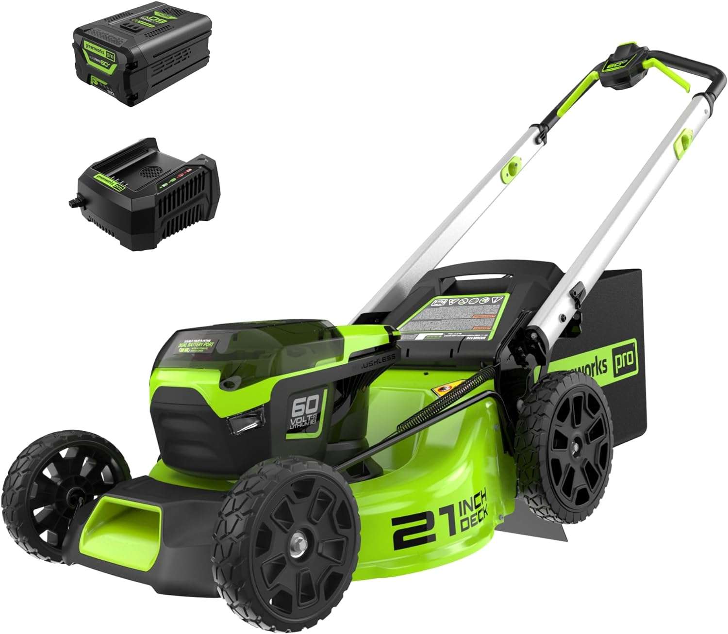 Greenworks 60V 21” Cordless (Push) Lawn Mower (LED Lights + Aluminum Handles), 5.0Ah Battery and Rapid Charger - 1