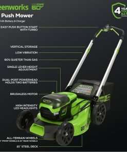 Greenworks 60V 21” Cordless (Push) Lawn Mower (LED Lights + Aluminum Handles), 5.0Ah Battery and Rapid Charger - 2