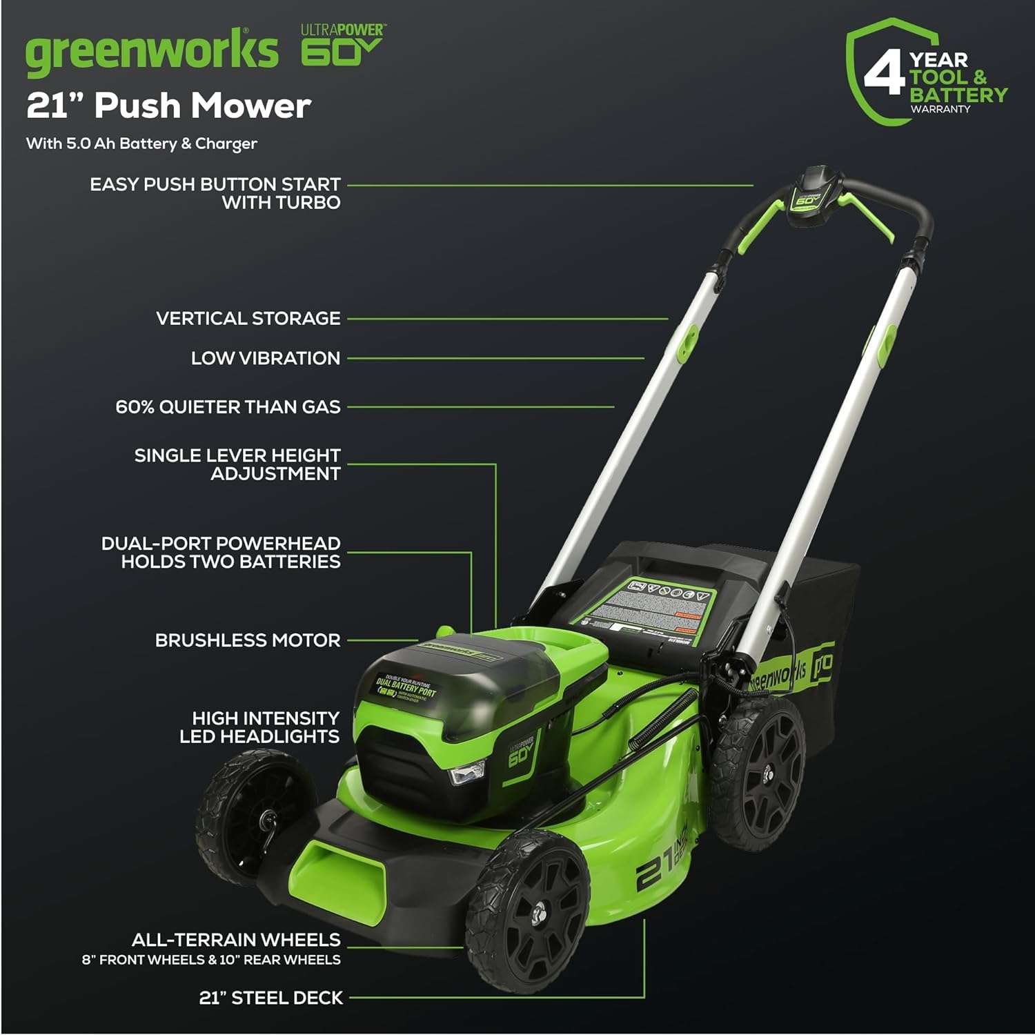 Greenworks 60V 21” Cordless (Push) Lawn Mower (LED Lights + Aluminum Handles), 5.0Ah Battery and Rapid Charger - 2