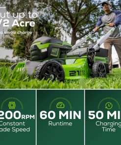 Greenworks 60V 21” Cordless (Push) Lawn Mower (LED Lights + Aluminum Handles), 5.0Ah Battery and Rapid Charger - 3