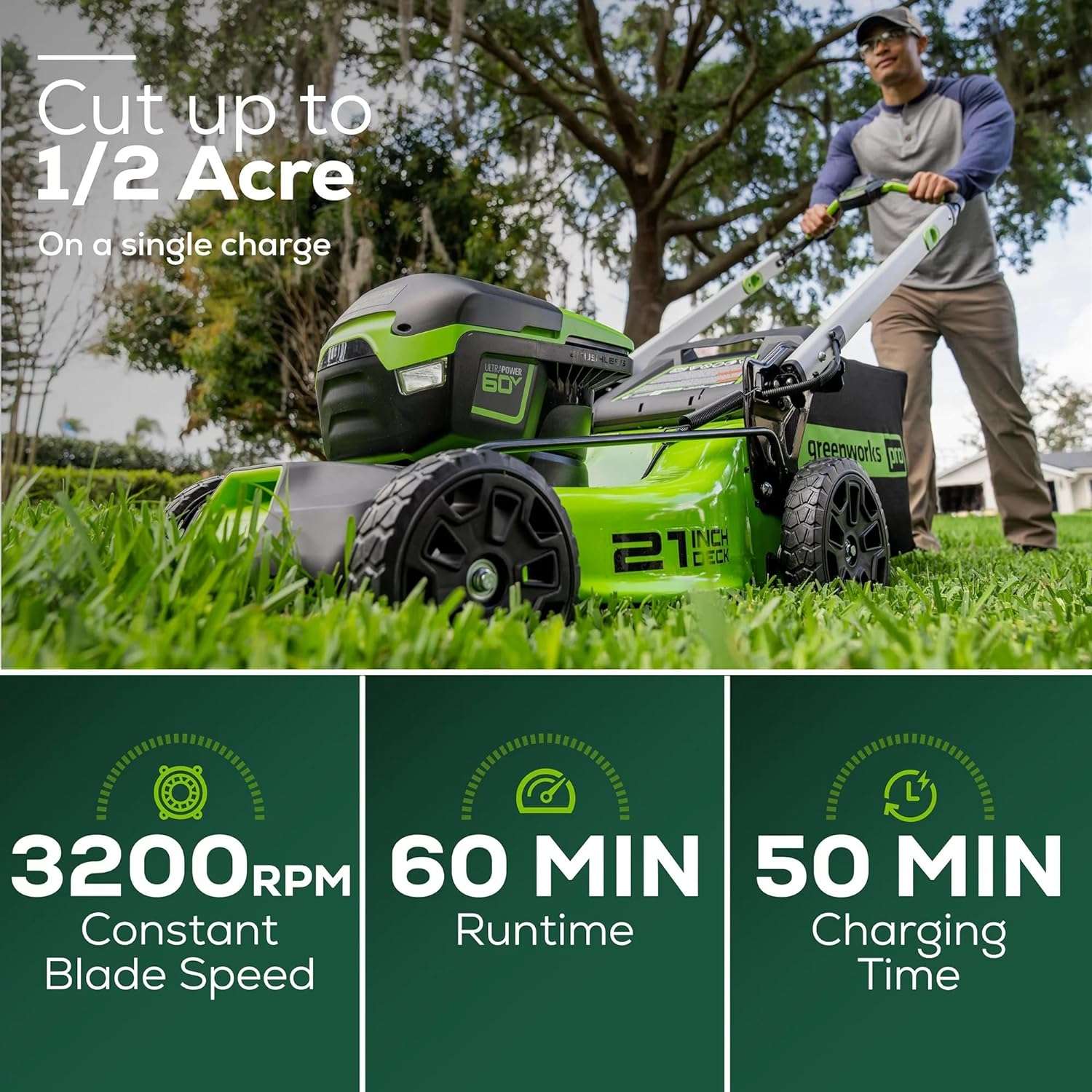 Greenworks 60V 21” Cordless (Push) Lawn Mower (LED Lights + Aluminum Handles), 5.0Ah Battery and Rapid Charger - 3