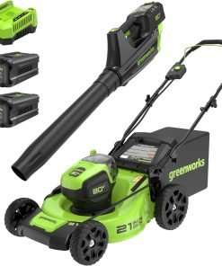Greenworks 80V 21 Brushless Cordless Electric Lawn Mower + Axial Leaf Blower, 2.0Ah Batteries and 30 Minute Rapid Charger - 1