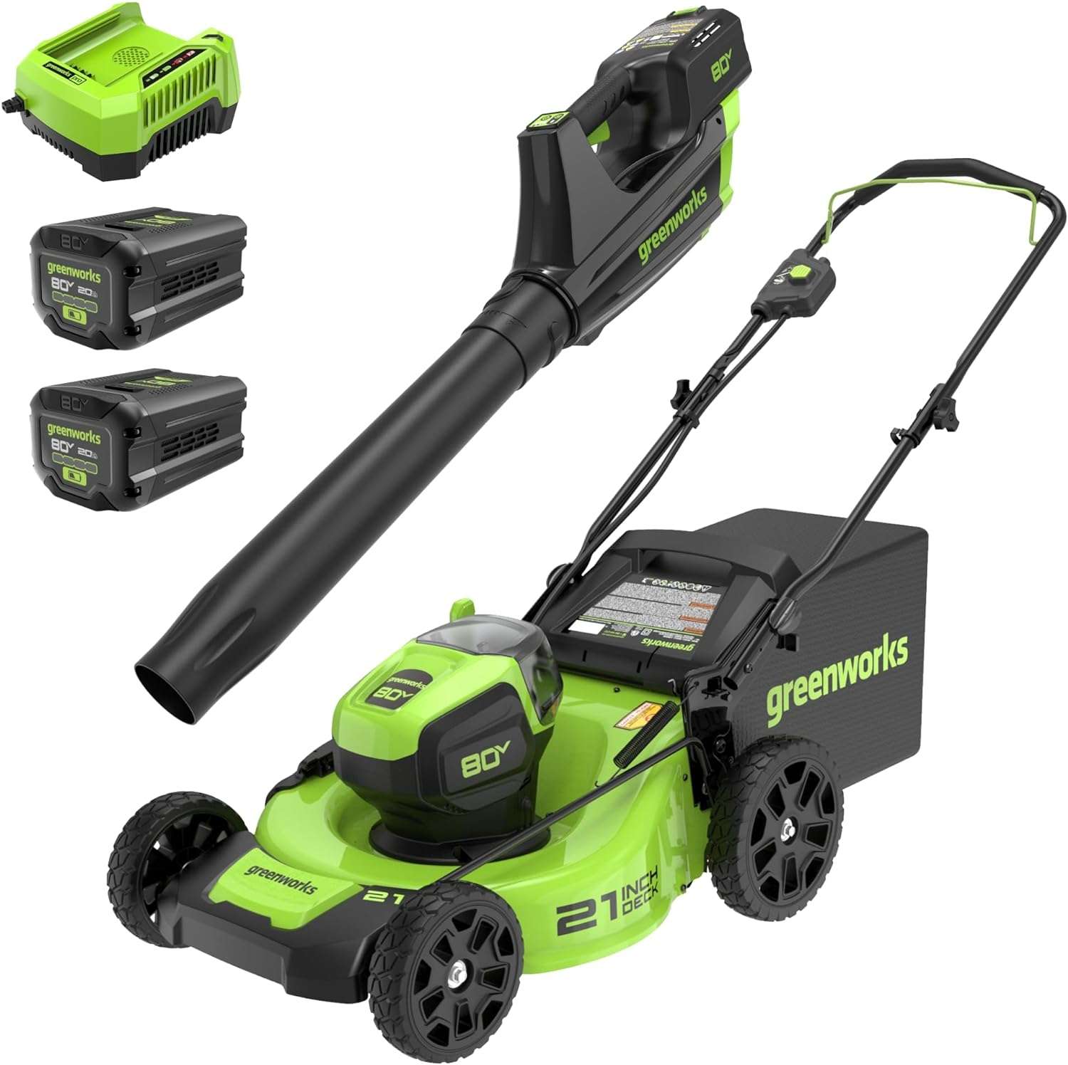 Greenworks 80V 21 Brushless Cordless Electric Lawn Mower + Axial Leaf Blower, 2.0Ah Batteries and 30 Minute Rapid Charger - 1