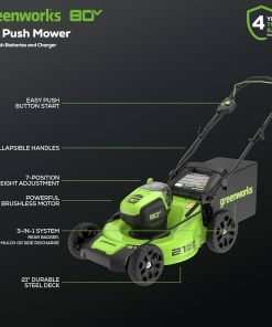 Greenworks 80V 21 Brushless Cordless Electric Lawn Mower + Axial Leaf Blower, 2.0Ah Batteries and 30 Minute Rapid Charger - 2