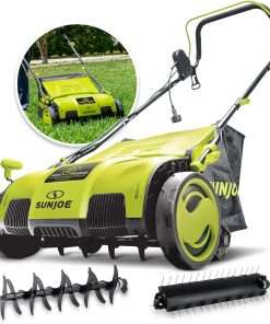 Sun Joe AJ805E 15-Inch 13-Amp Electric Dethatcher and Scarifier w-Removeable 13.2-Gal Collection Bag, 5-Position Height Adjustment, Airboost Technology Increases Lawn Health, Green - 1