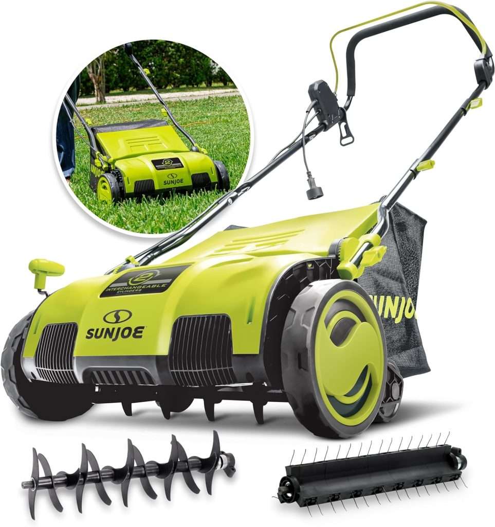 Sun Joe AJ805E 15-Inch 13-Amp Electric Dethatcher and Scarifier w/Removeable 13.2-Gal Collection Bag, 5-Position Height Adjustment, Airboost Technology Increases Lawn Health, Green