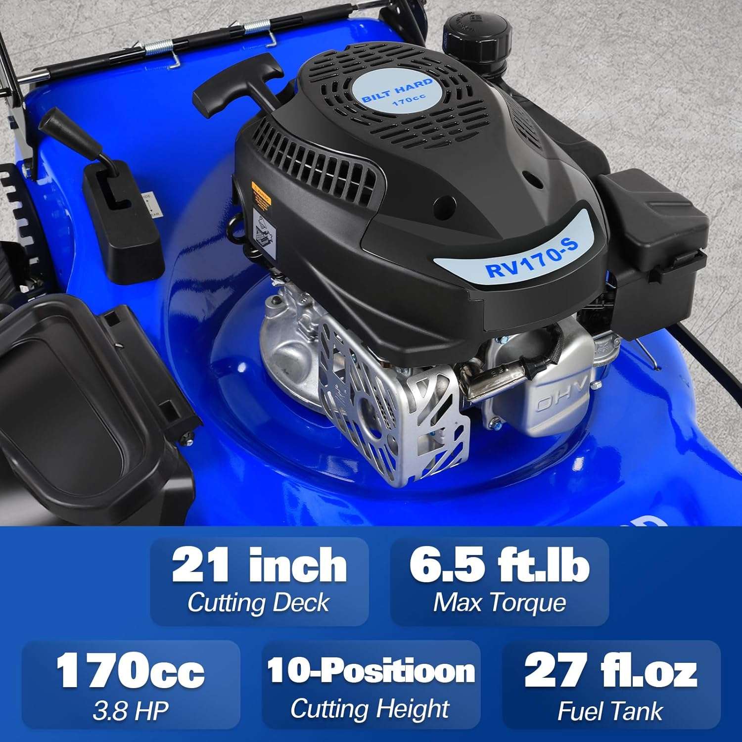 21 Inch Lawn Mower Gas Powered, 4-Cycle 170cc Engine, 3-in-1 Push Lawnmower with Bagging, Mulching & Side Discharge, Adjustable 10-Positions Cutting Height, Easy Start - 2