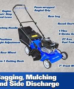 21 Inch Lawn Mower Gas Powered, 4-Cycle 170cc Engine, 3-in-1 Push Lawnmower with Bagging, Mulching & Side Discharge, Adjustable 10-Positions Cutting Height, Easy Start - 3