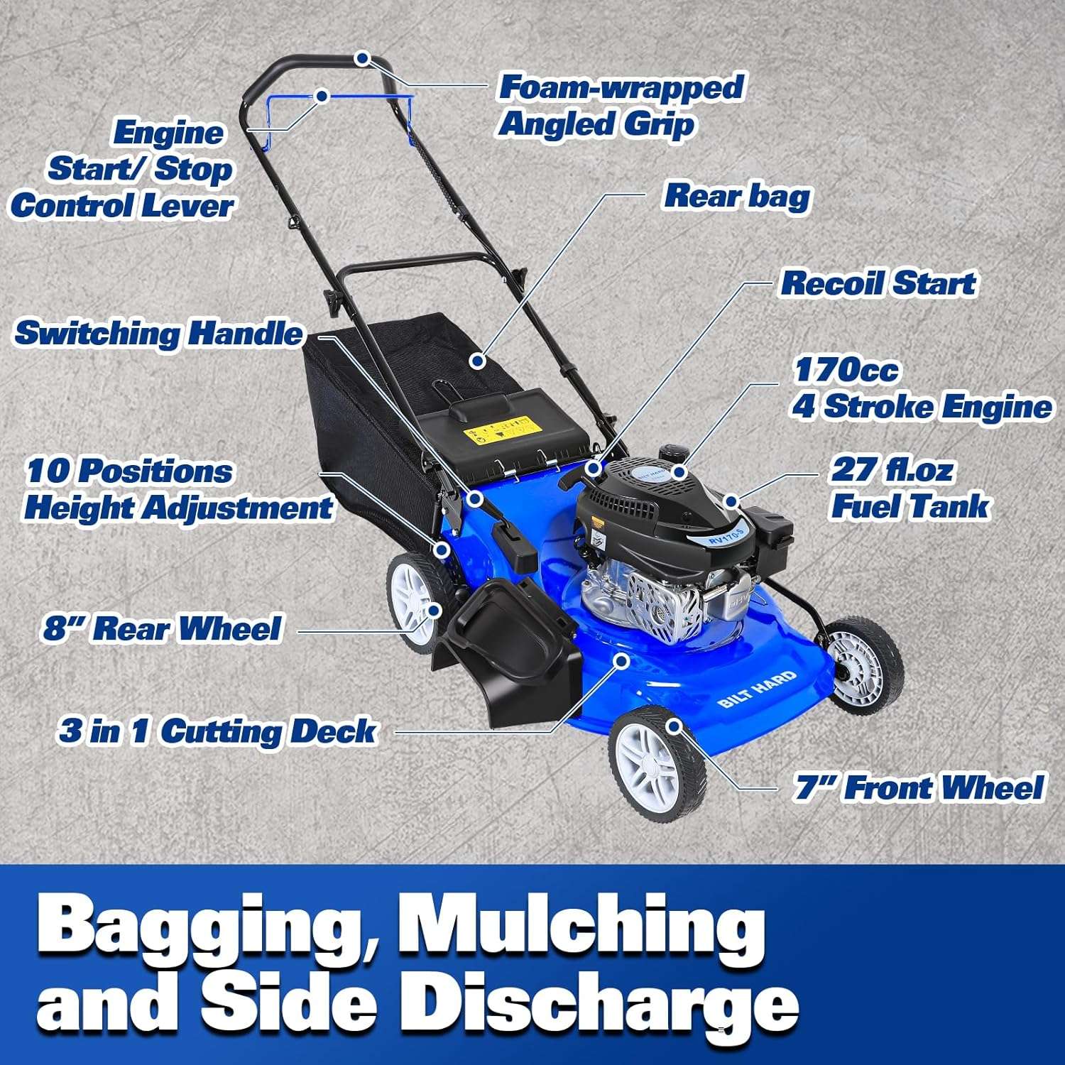 21 Inch Lawn Mower Gas Powered, 4-Cycle 170cc Engine, 3-in-1 Push Lawnmower with Bagging, Mulching & Side Discharge, Adjustable 10-Positions Cutting Height, Easy Start - 3