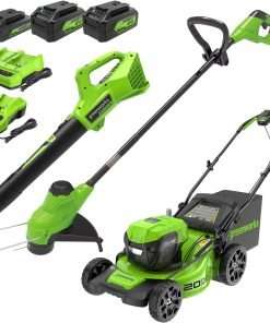Greenworks 48V (2x24V) 20-Inch Cordless Battery Mower, 12-Inch String Trimmer, and 320 CFM Blower Combo Kit - 1