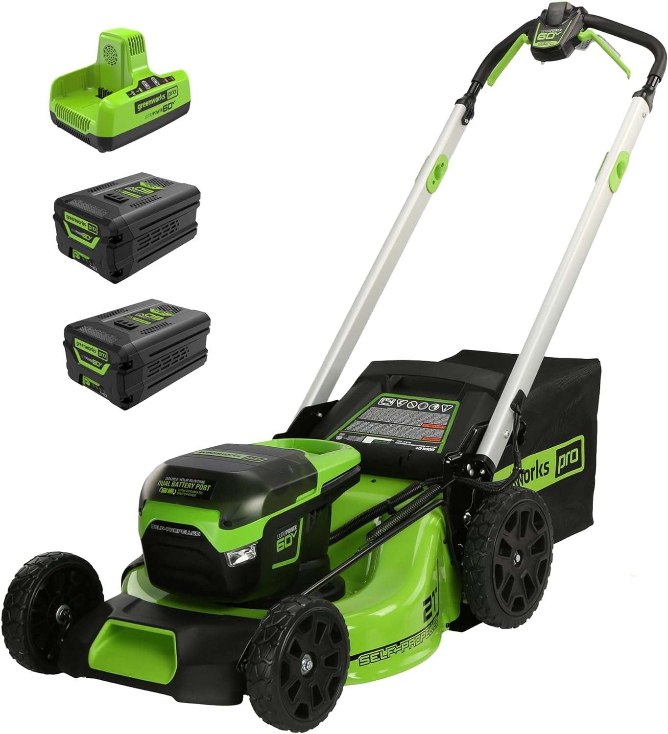 Greenworks 60V 21 Cordless (Self-Propelled) Lawn Mower (LED Lights + Aluminum Handles), 2 x 4.0Ah Batteries and Dual Port Rapid Charger - 1