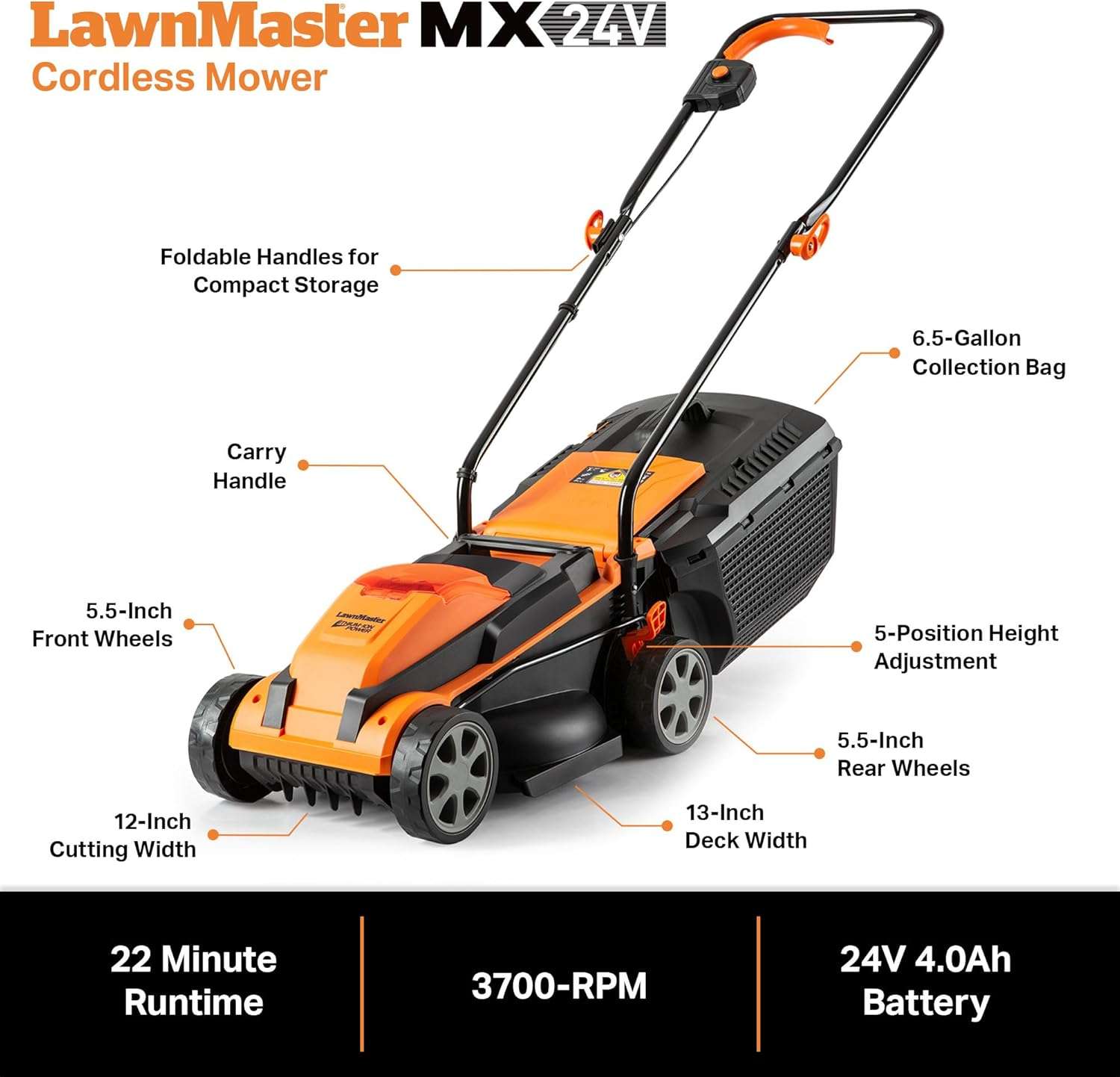 LawnMaster 20VMWGT 24V Max 13-inch Lawn Mower and Grass Trimmer 10-inch Combo with 2x4.0Ah Batteries and Charger - 5
