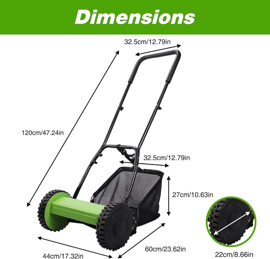 12-Inch Push Reel Lawn Mower: Eco-Friendly, Precision Steel Blades, Adjustable Heights & Efficient Grass Catcher, Green