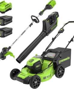 Greenworks 80V 21 Brushless (Push) Cordless Electric Lawn Mower + Axial Leaf Blower + 13 String Trimmer, 2.0Ah Batteries and 30 Minute Rapid Charger - 1