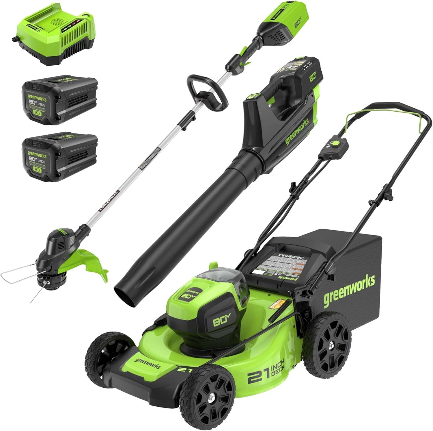 Greenworks 80V 21 Brushless (Push) Cordless Electric Lawn Mower + Axial Leaf Blower + 13 String Trimmer, 2.0Ah Batteries and 30 Minute Rapid Charger - 1