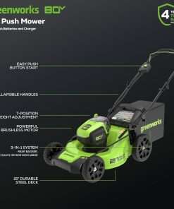Greenworks 80V 21 Brushless (Push) Cordless Electric Lawn Mower + Axial Leaf Blower + 13 String Trimmer, 2.0Ah Batteries and 30 Minute Rapid Charger - 2