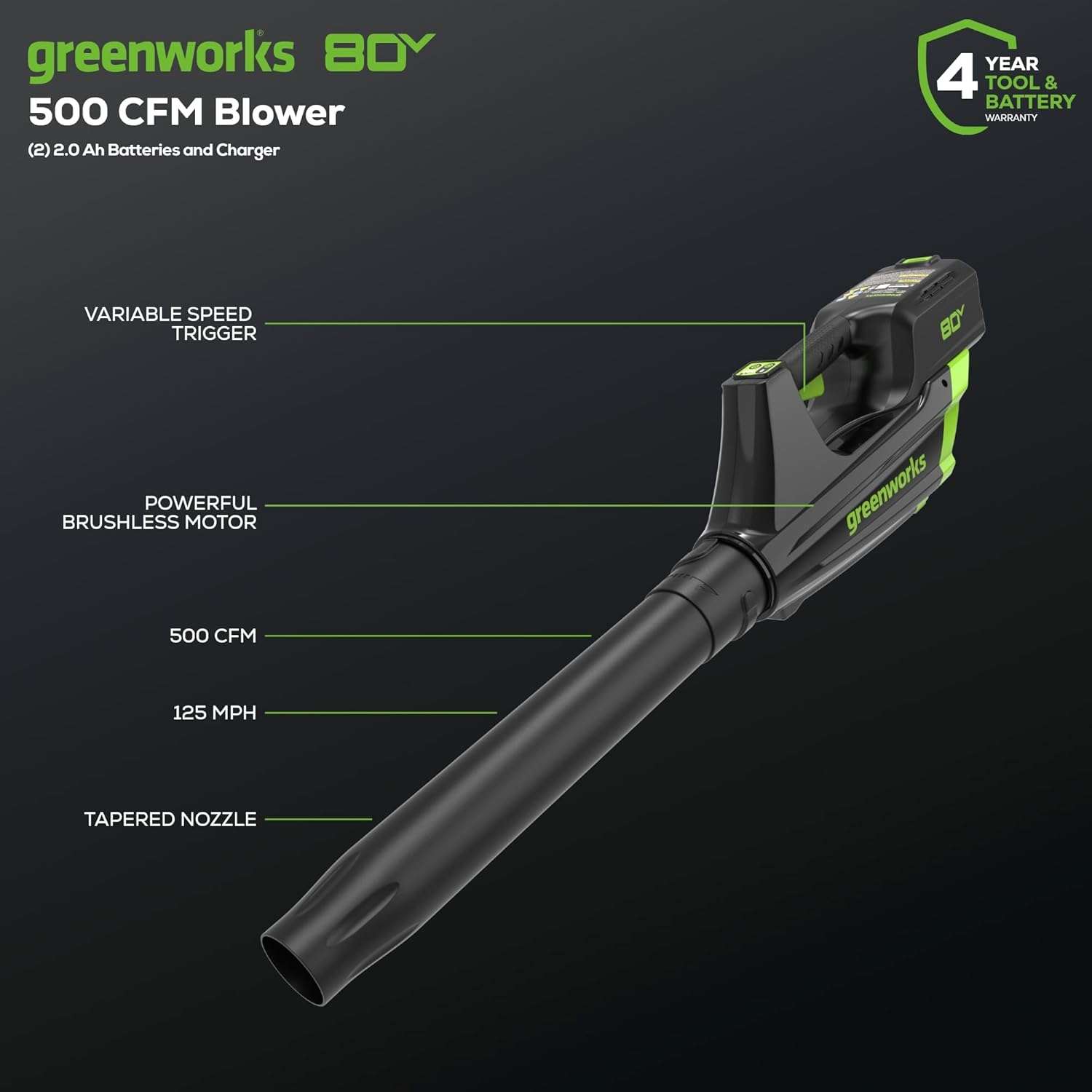 Greenworks 80V 21 Brushless (Push) Cordless Electric Lawn Mower + Axial Leaf Blower + 13 String Trimmer, 2.0Ah Batteries and 30 Minute Rapid Charger - 3