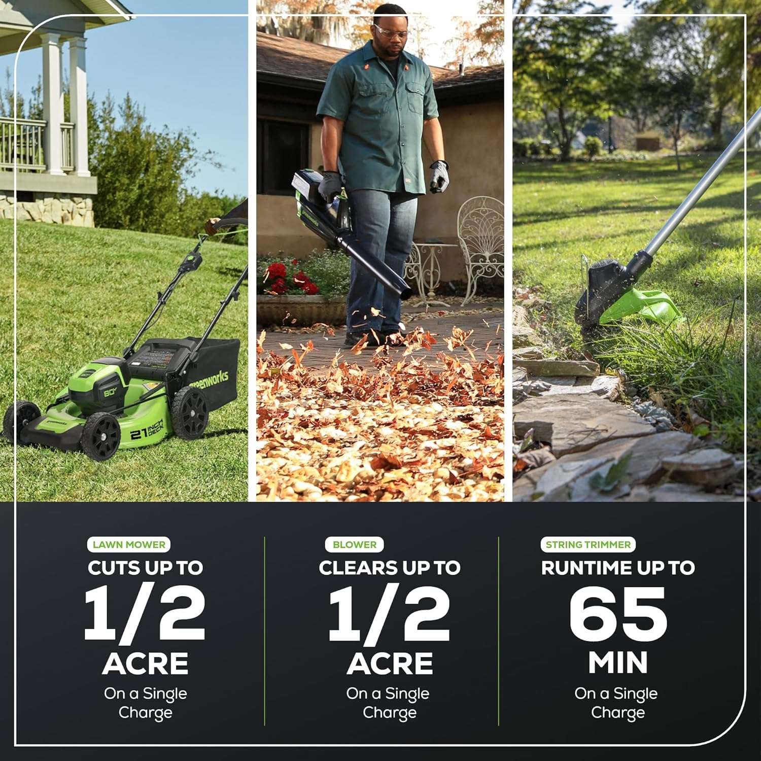 Greenworks 80V 21 Brushless (Push) Cordless Electric Lawn Mower + Axial Leaf Blower + 13 String Trimmer, 2.0Ah Batteries and 30 Minute Rapid Charger - 5