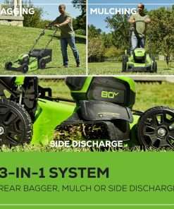 Greenworks 80V 21 Brushless (Push) Cordless Electric Lawn Mower + Axial Leaf Blower + 13 String Trimmer, 2.0Ah Batteries and 30 Minute Rapid Charger - 8