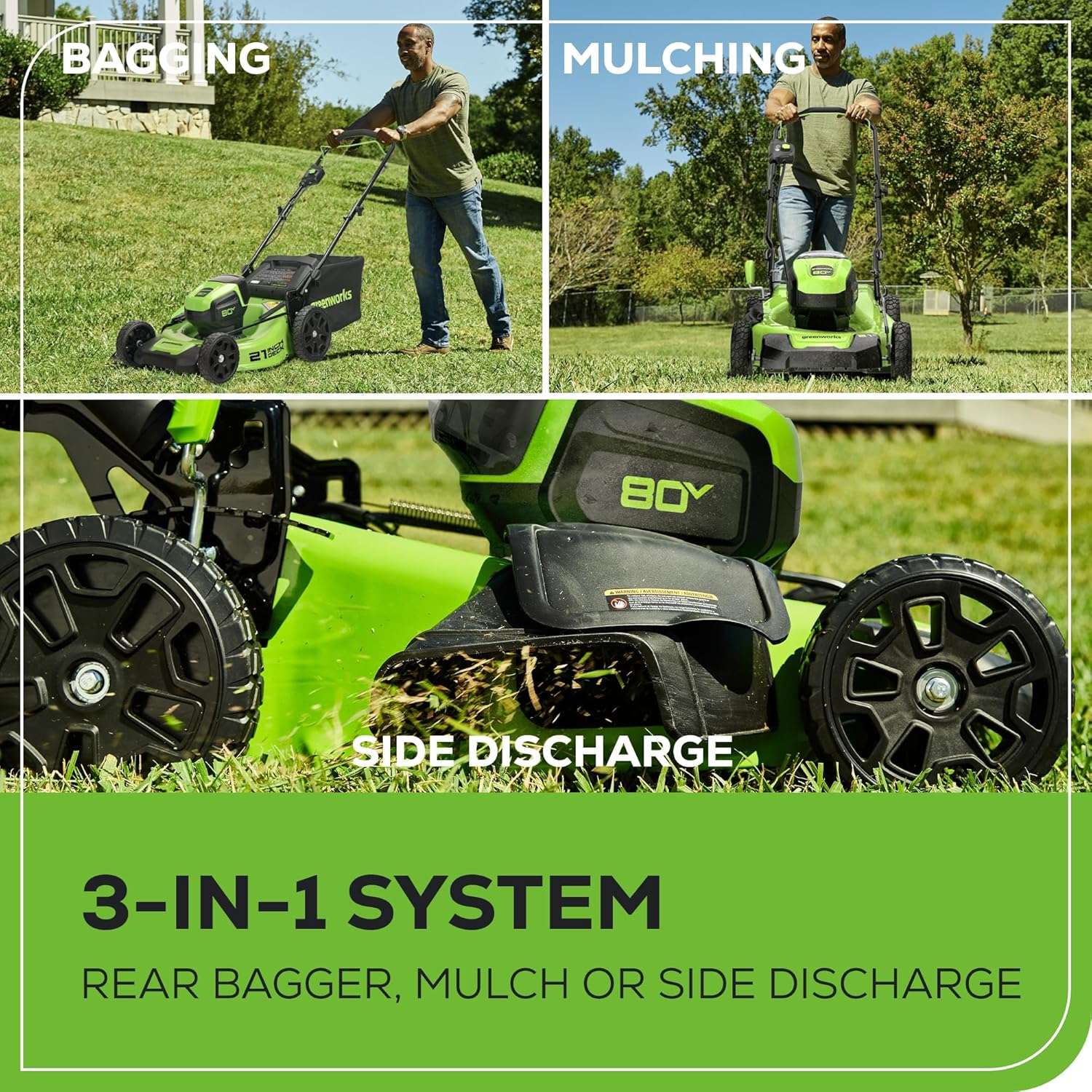 Greenworks 80V 21 Brushless (Push) Cordless Electric Lawn Mower + Axial Leaf Blower + 13 String Trimmer, 2.0Ah Batteries and 30 Minute Rapid Charger - 8