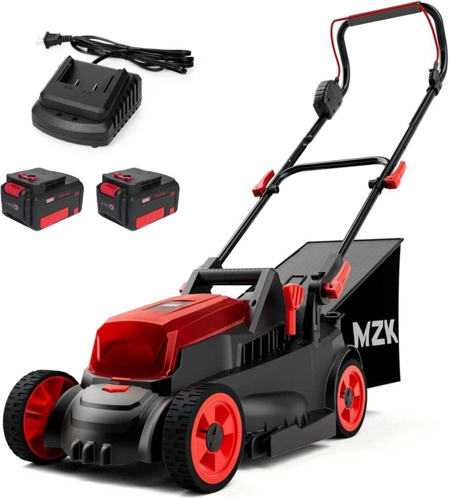MZK 40V 16” Cordless Electric Push Lawn Mower,with 6-Position Height Adjustment,Compact and Lightweight Battery Powered Lawn Mower (2 * 4AH Batteries & Fast Charger Included)