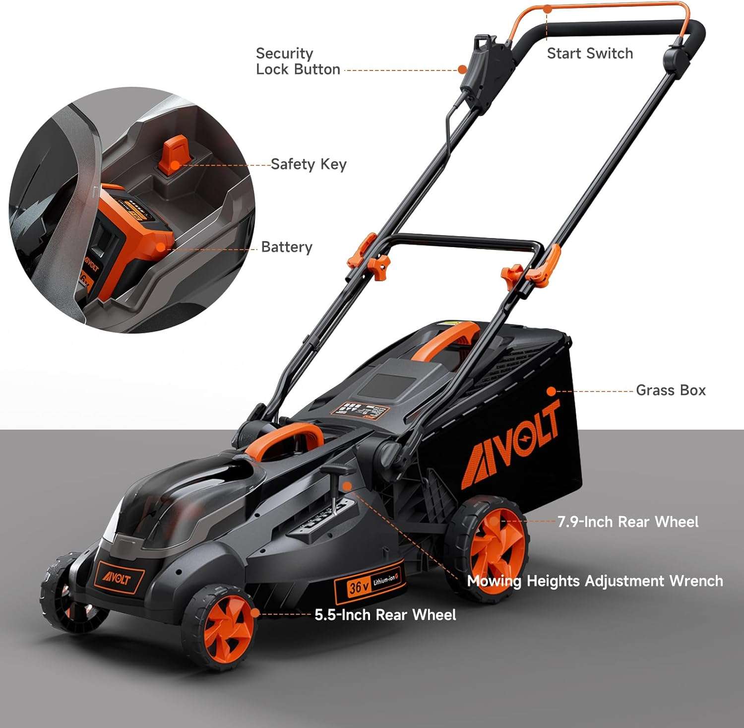 AIVOLT Cordless Lawn Mower Battery Powered 16-inch Brushless Lawn Mowers Walk-Behind Push Grass Mower with 36V 4.0Ah Battery and Charger - 5