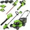 Greenworks 48V (2x24V) 20 Cordless Push Mower, 12 String Trimmer, 320 CFM Blower，10 Chainsaw，and 22 Hedge Trimmer Combo Kit - 1